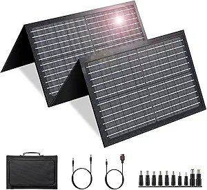 60W Solar Panel for Portable Power Station, Foldable Solar Panel with 12-18V DC Output/USB QC3.0/USB C(10 Changeable DC Adapters), Portable Solar Panels for Camping, Home, Travel, Rv